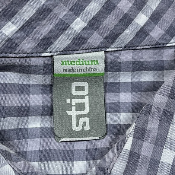 Stio Curtis Camp Pearl Snap Shirt Mens M Gray Check Short Sleeve UPF HIking - Picture 6 of 8